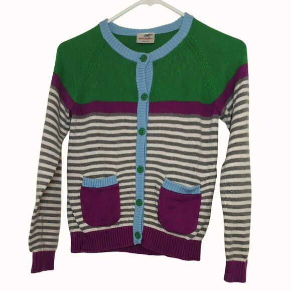 Hanna Andersson Girls Size 140 US 10 Green Purple Striped Cardigan Sweater - Picture 1 of 7